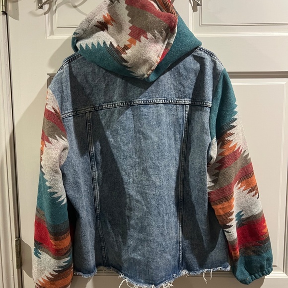 Aztec print knit sleeved denim jacket hoodie boho size xl - Picture 4 of 6